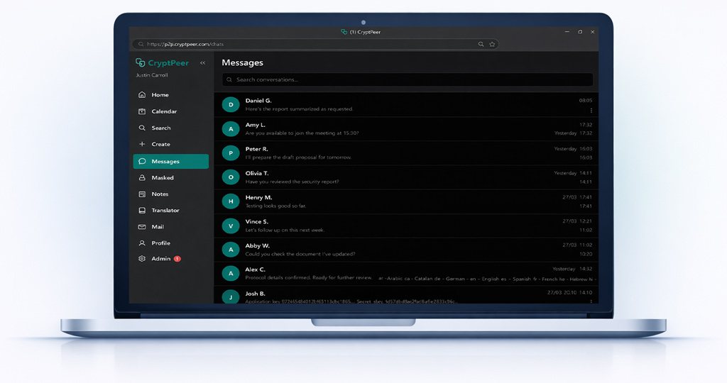 CryptPeer interface in English showing secure messaging and collaboration