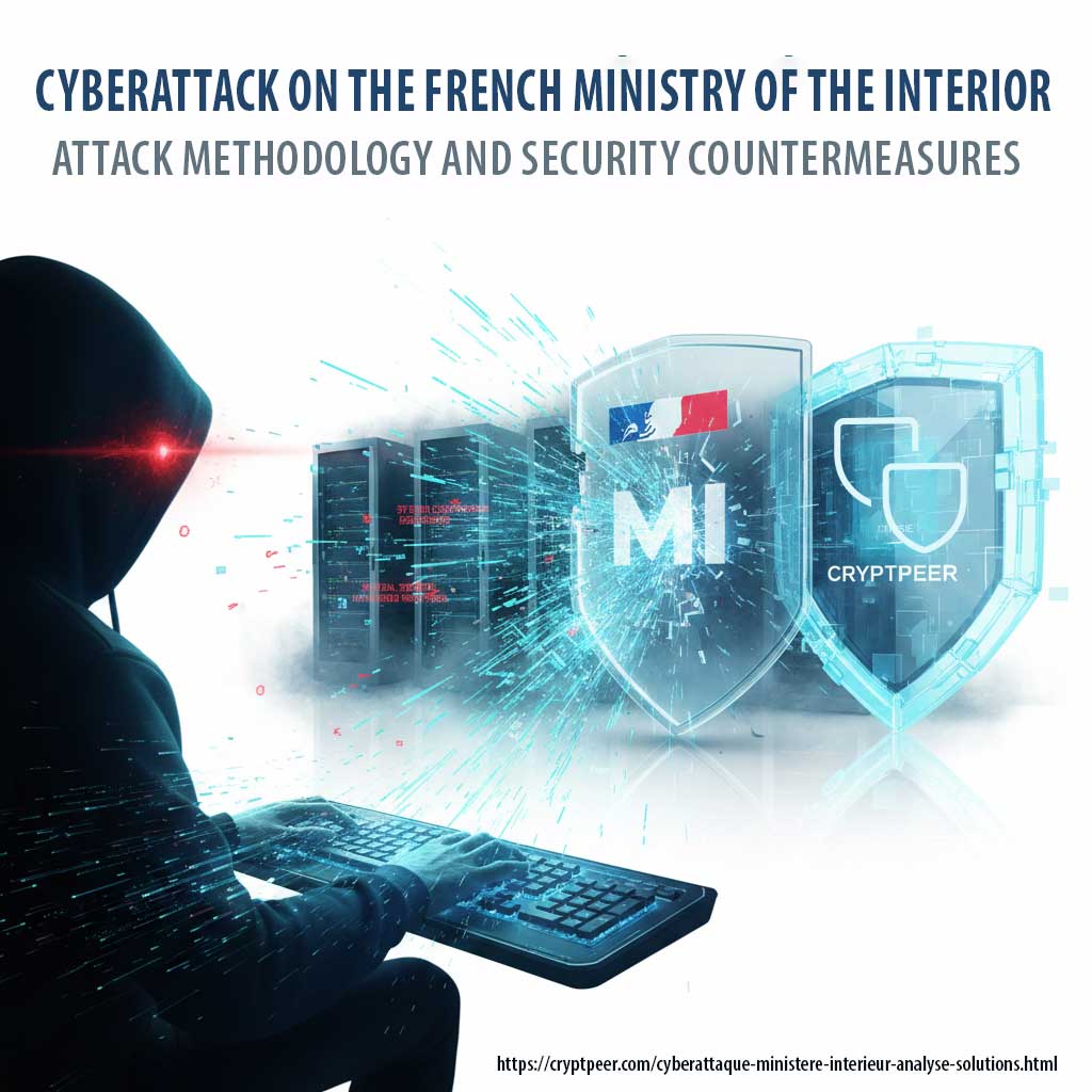 Cyber attacker in front of Interior Ministry servers, which are protected by a blue digital shield bearing the MI logo and a CryptPeer shield representing end-to-end encryption.