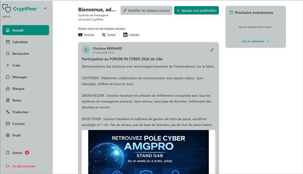 Page d'accueil CryptPeer — L'icône Admin affiche le nombre de demandes en attente (3)