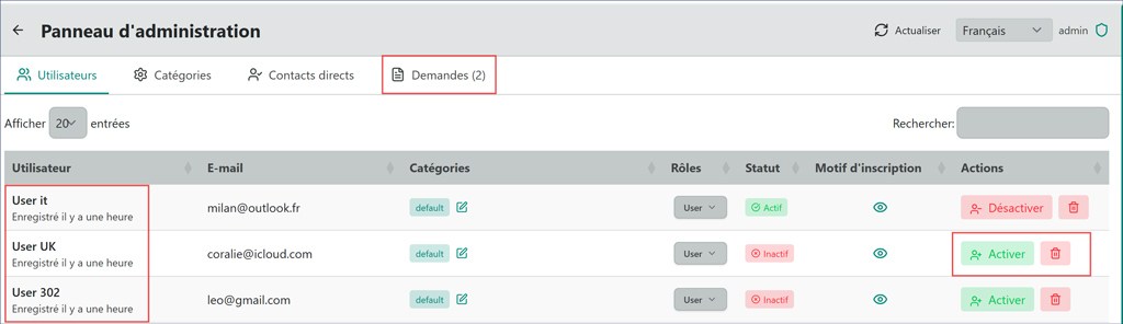 Demandes d'inscription — Visualiser, valider ou rejeter chaque demande